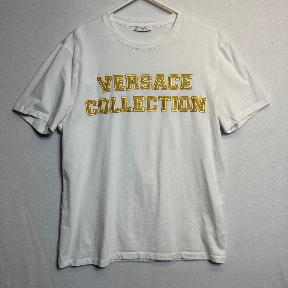 Versace Collection T-Shirt Women XL White Gold Glitter Logo Crew Neck